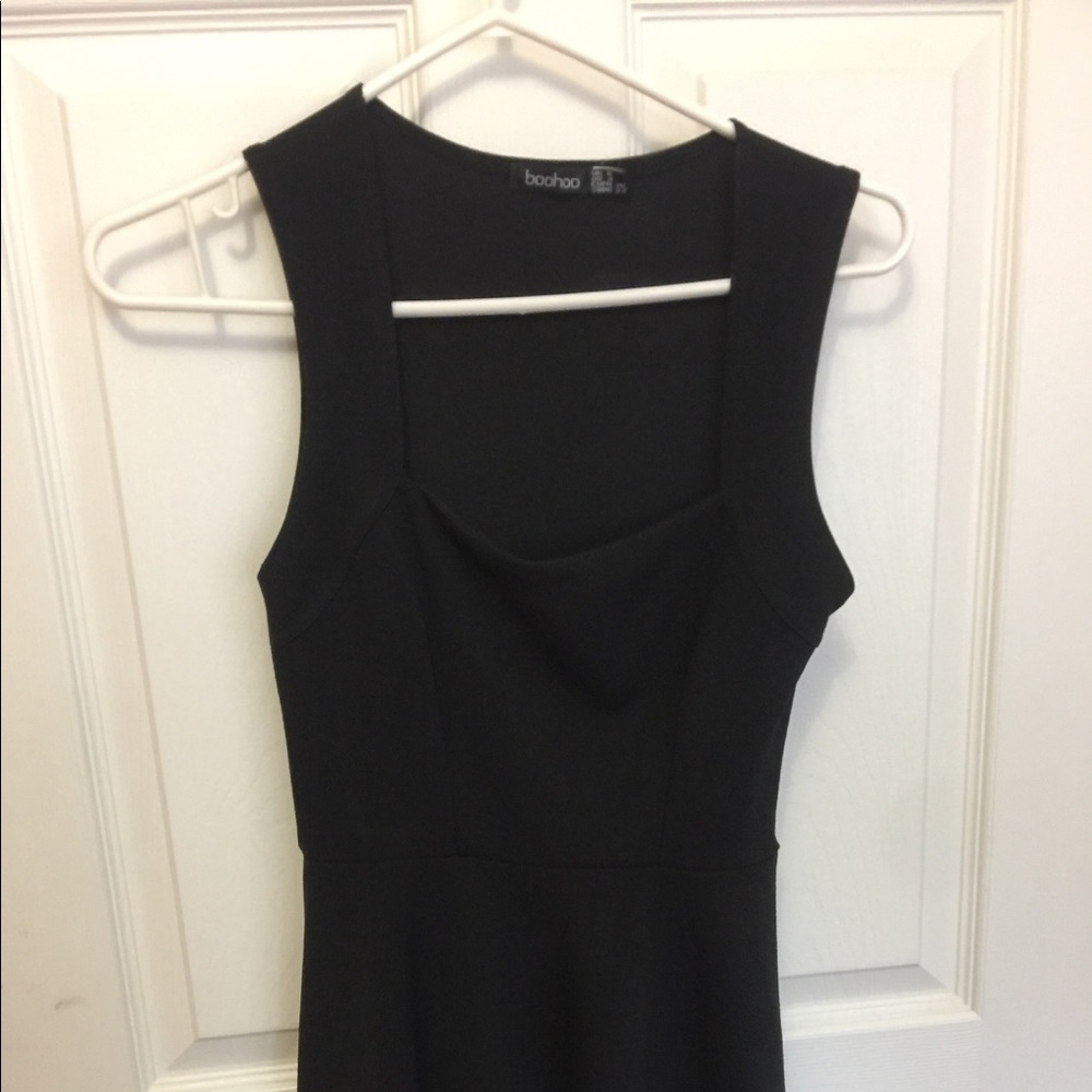 Fit and flare, straight-neck, black dress